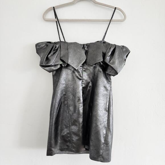 Zara Metallic Silver Spaghetti Strap Mini Dress Ruffle Neckline Small - Picture 4 of 10